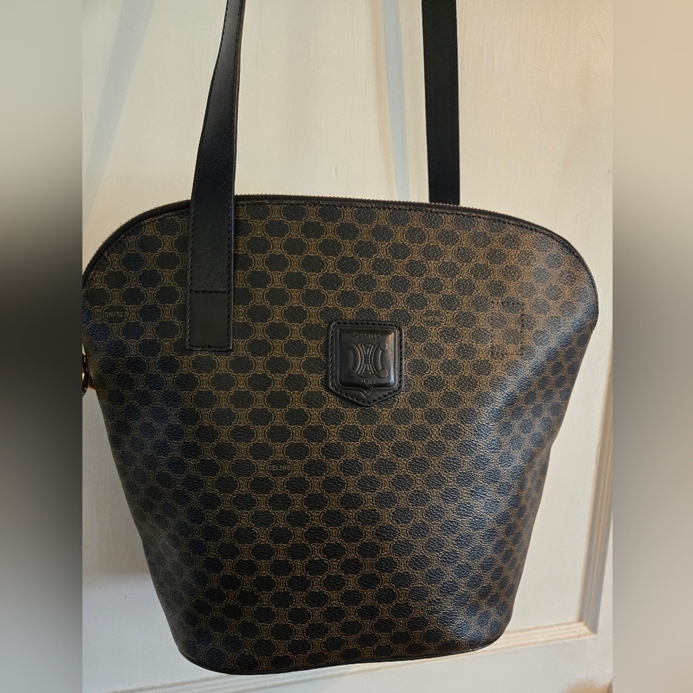 Celine | Double Zip Shoulder Tote Bag | Macadam Canvas & Black Leather | Vintage - Picture 5 of 16